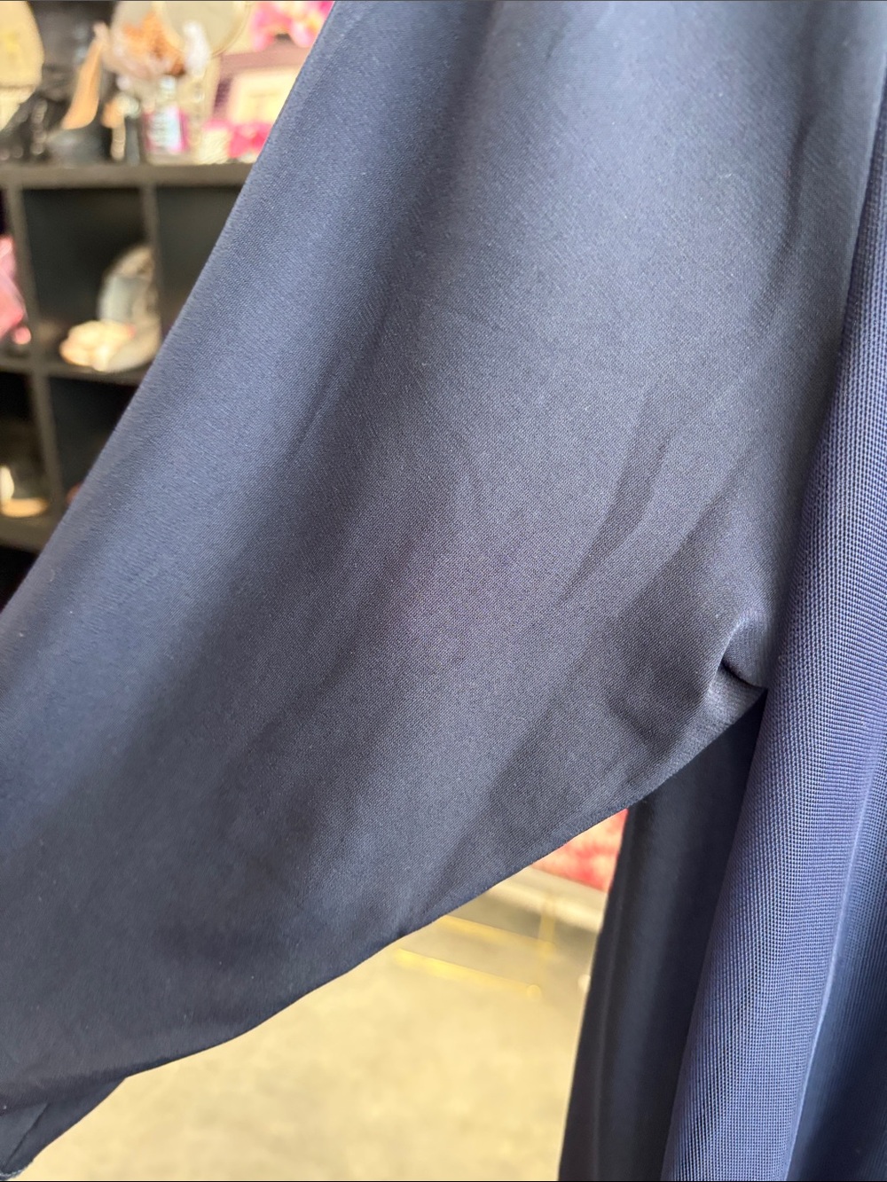 Nina Leonard Navy Ruffle-Front Sheer-Back Cardigan - Picture 5 of 5